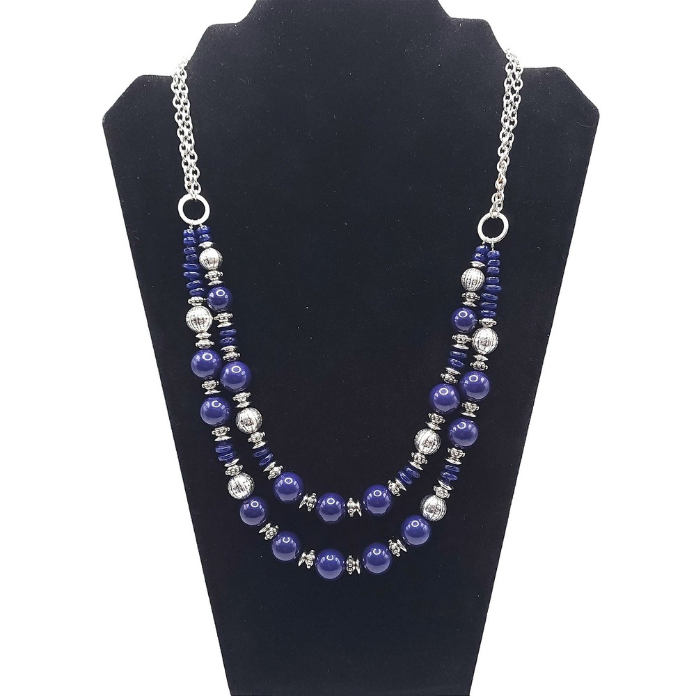 Ruby Rd Blue Silver Tone Double Strand Beaded Necklace Boho Statement